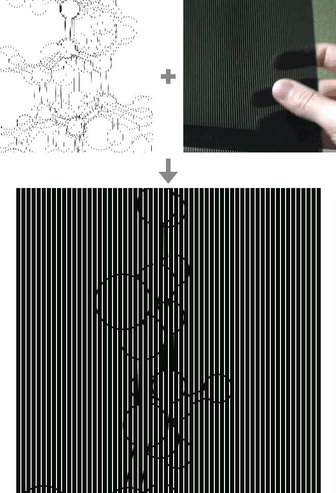 The generated image plus a photo of the striped plastic mask; below, a molecule rotates as the mask slides over the image