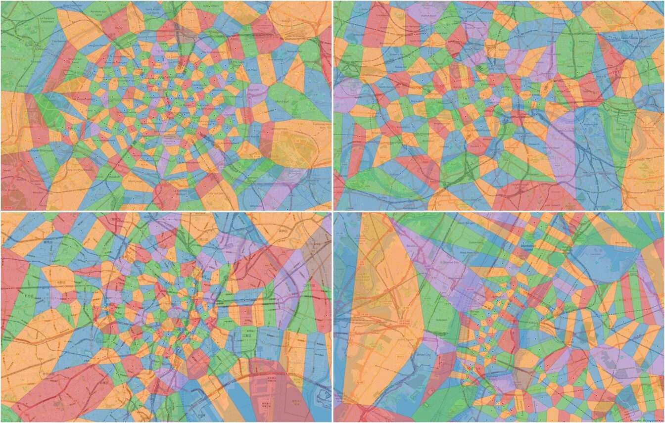Four example views from the worldwide Nearest Station Map: Paris, London, Tokyo and New York